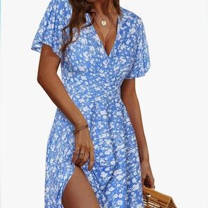 Blue Flower V Neck Summer Dress Size S